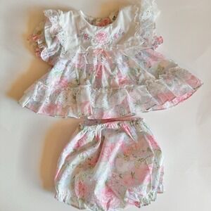 Vintage Cradle Togs Baby Dress & Bloomers Set 12M Embroidered Floral Ruffle Lace